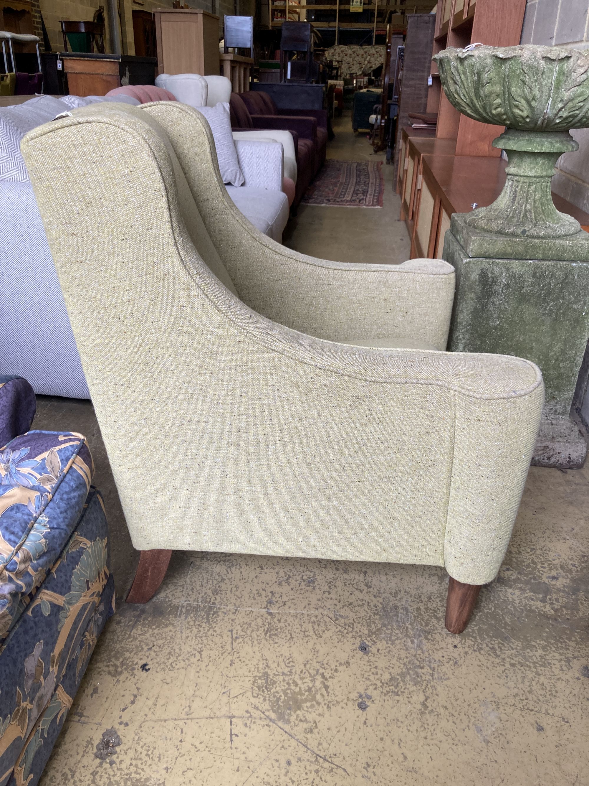 A pair of armchairs and a footstool, width 80cm, depth 75cm, height 93cm
